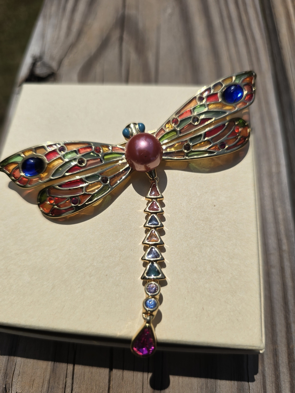 Vintage Joan Rivers Plique-à-Jour Dragonfly Brooch Pin Articulated Stained Glass